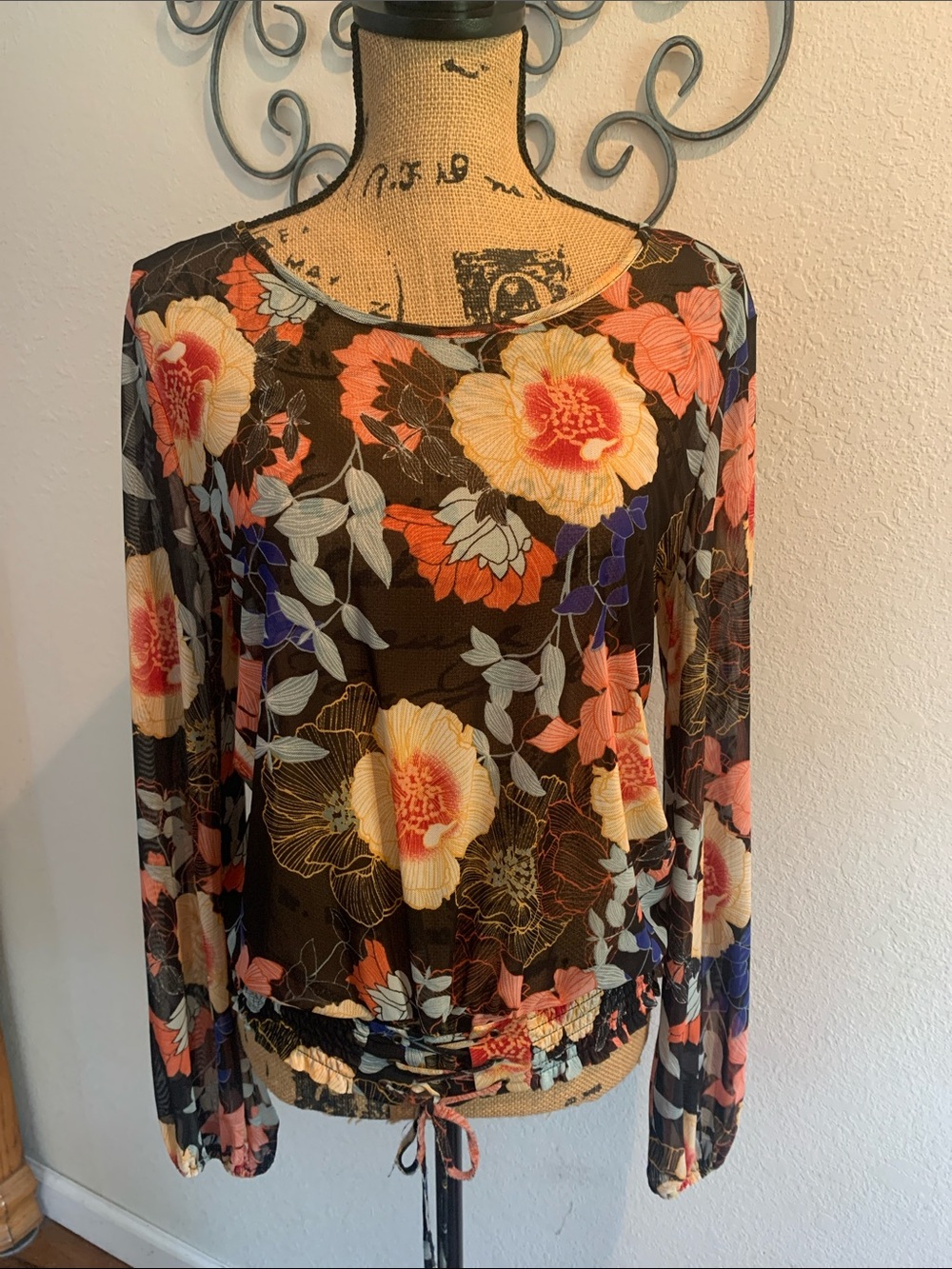 bailey blue Floral Mesh Long-Sleeve Top - Black with Coral, Yellow & Blue
